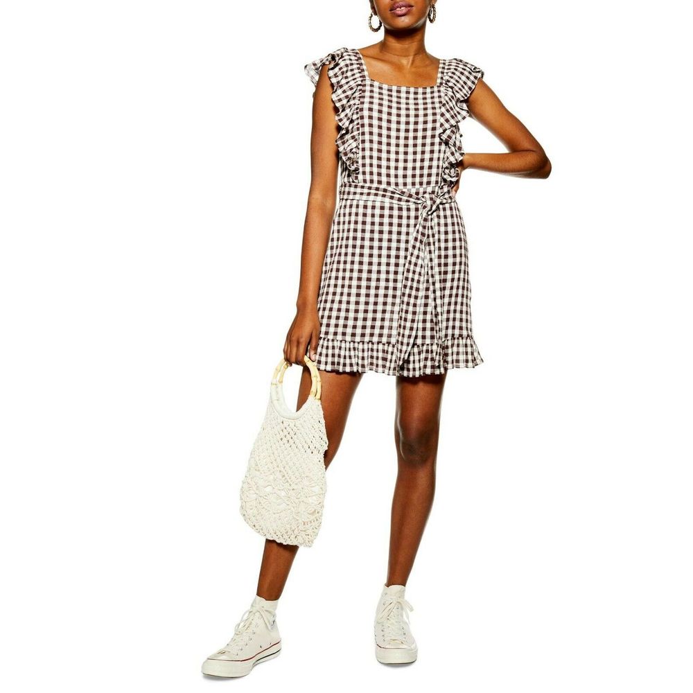 TOPSHOP US Brown Gingham Ruffle Mini Dress Ruffle